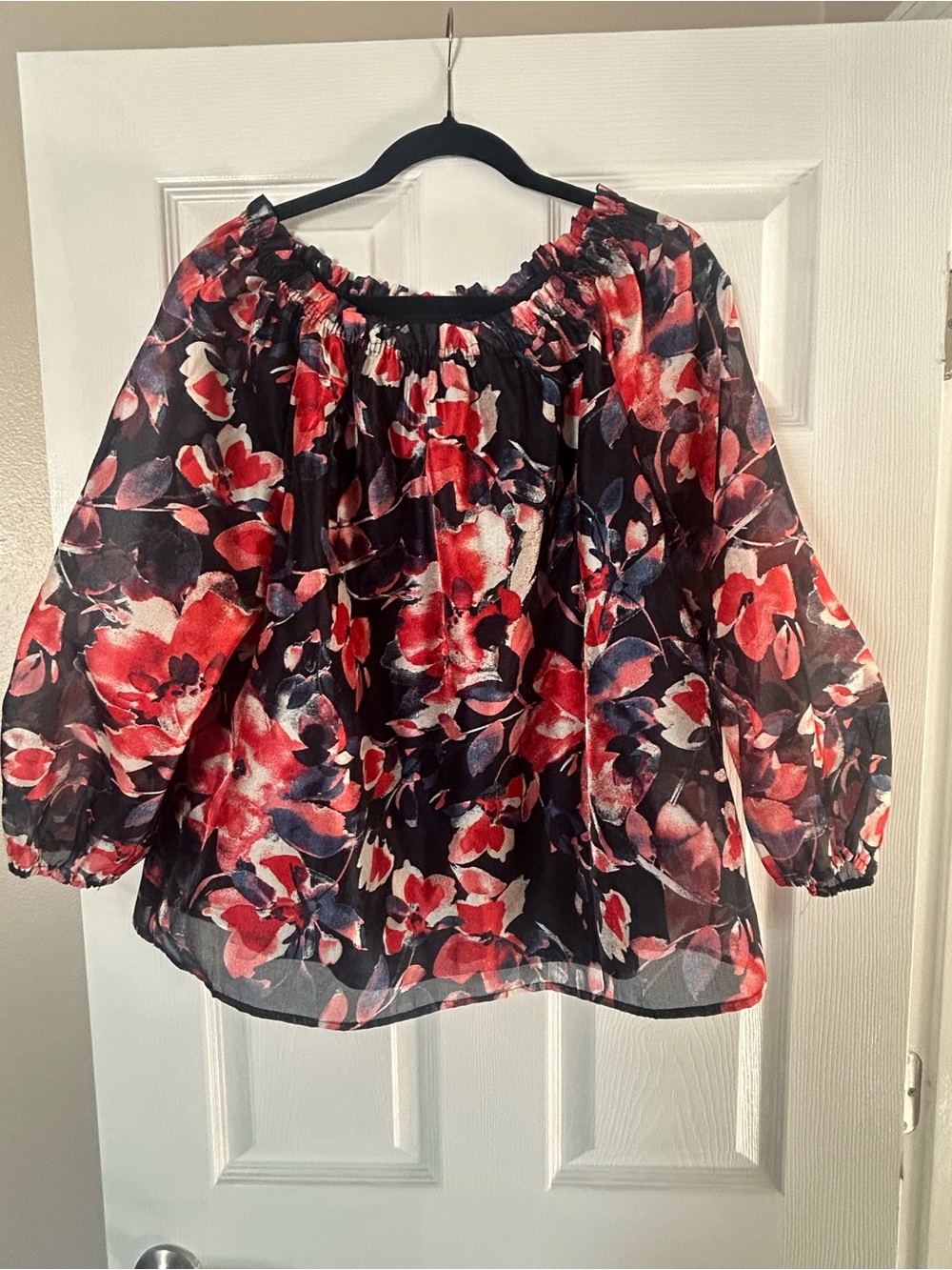 Anne Klein Off-Shoulder Blouse with Red and Pink Floral Print